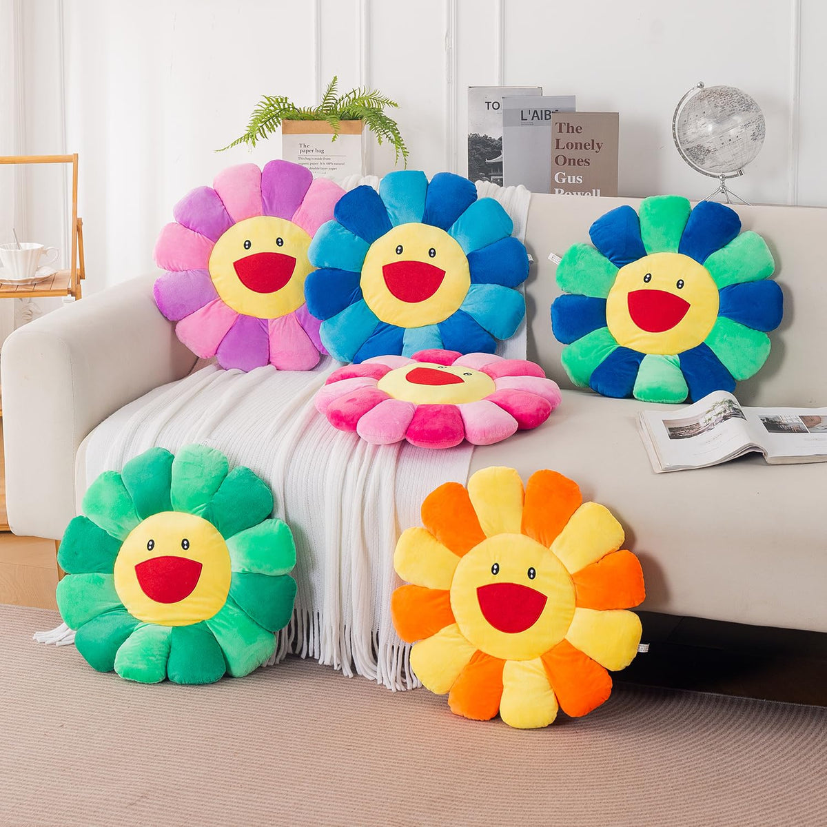 HOKIPO Smiley Sunflower Cushion for Sofa & Bed, 45 cm, Purple