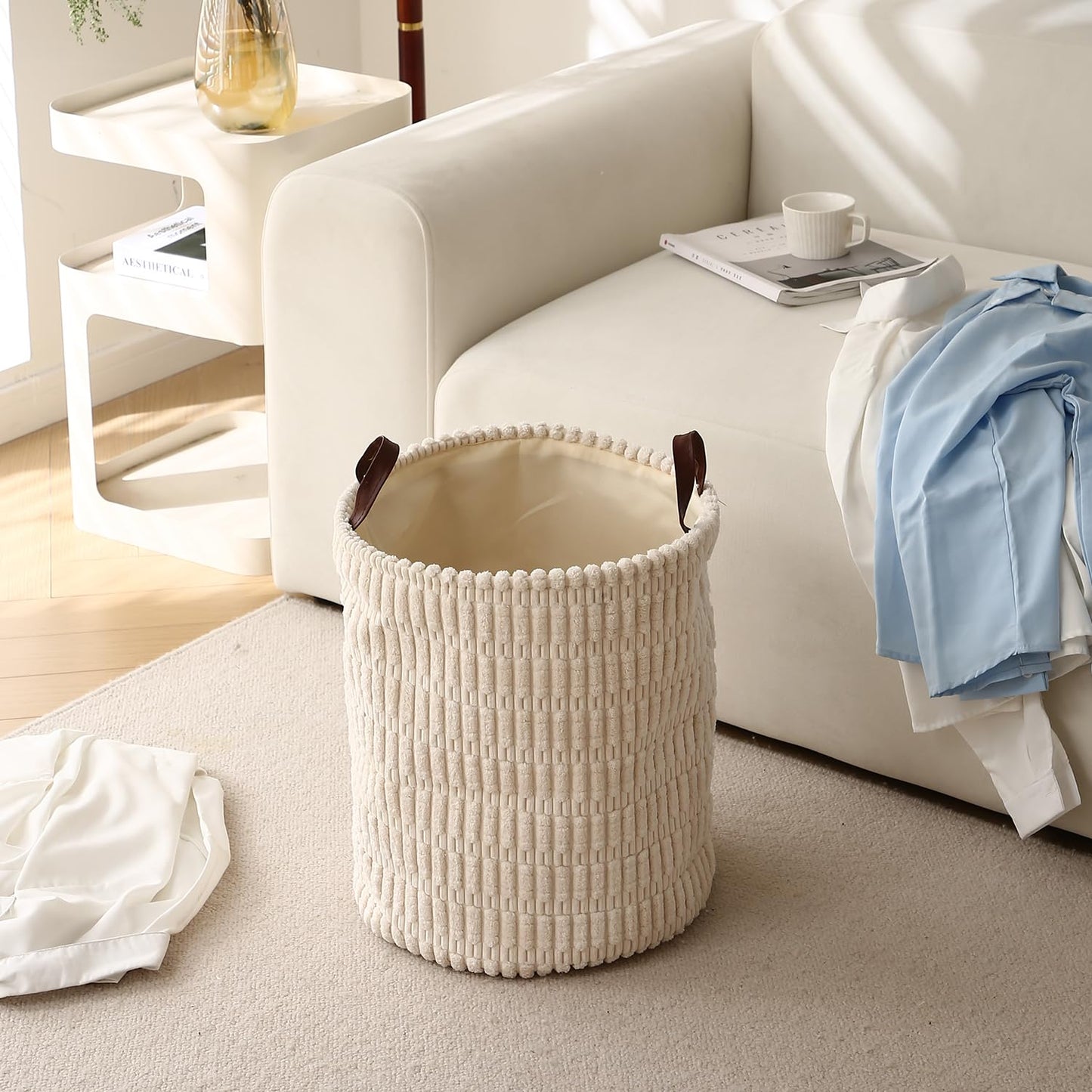 Folding Laundry Bag for Clothes Hamper Collapsible Storage Basket, Cream