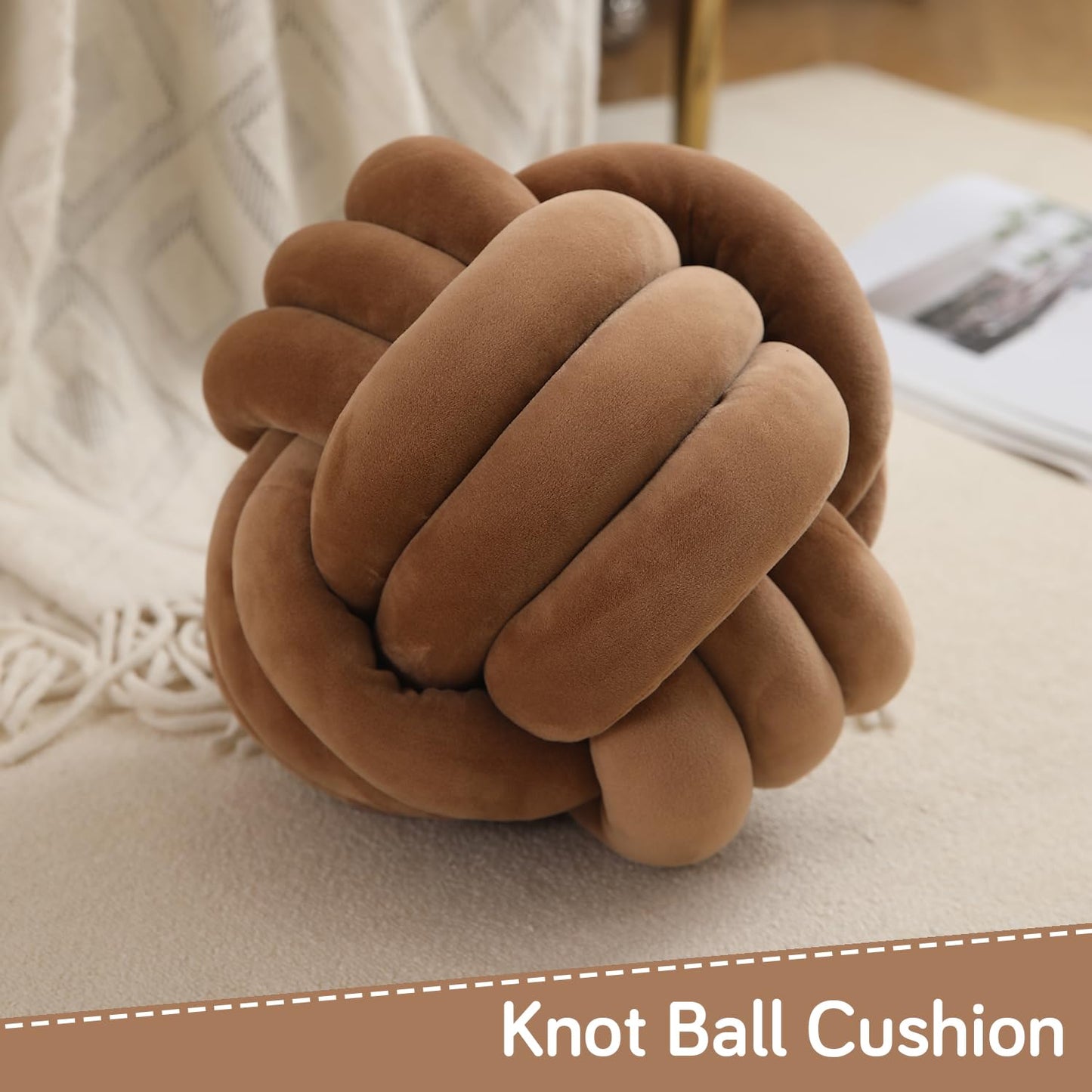 Knot Ball Cushion Pillow Soft Plush Velvet Decorative Throw Pillow - Props Chocolate Brown