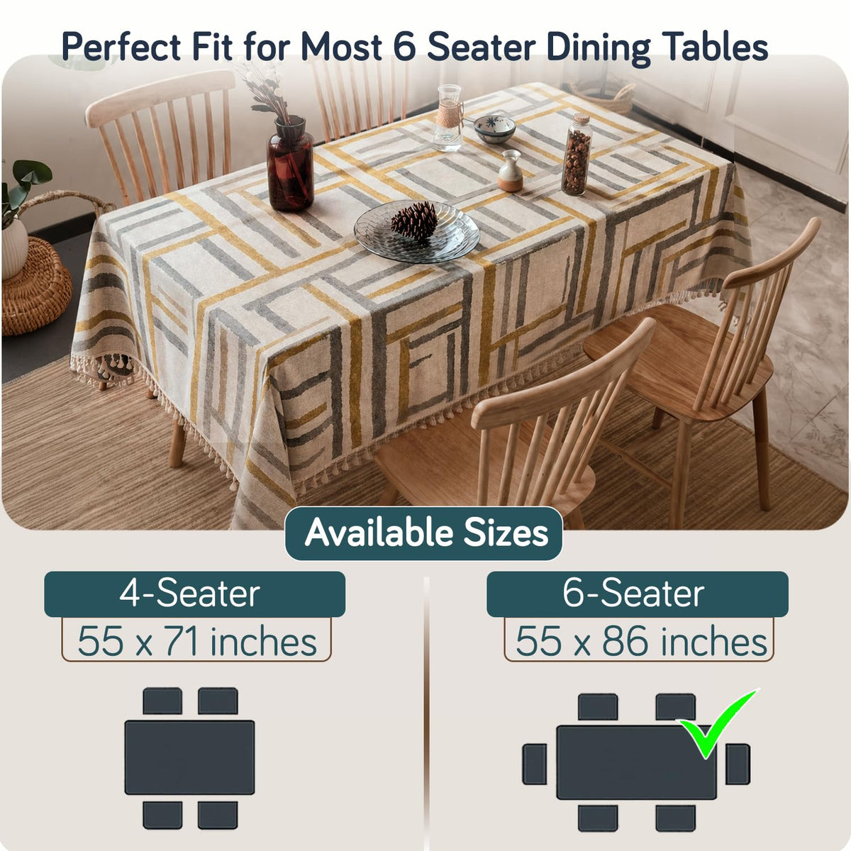 HOKIPO ShieldQuilt Table Cloth with Tassel Edge for 4/6 Seater, Geometric Mustard - image 3