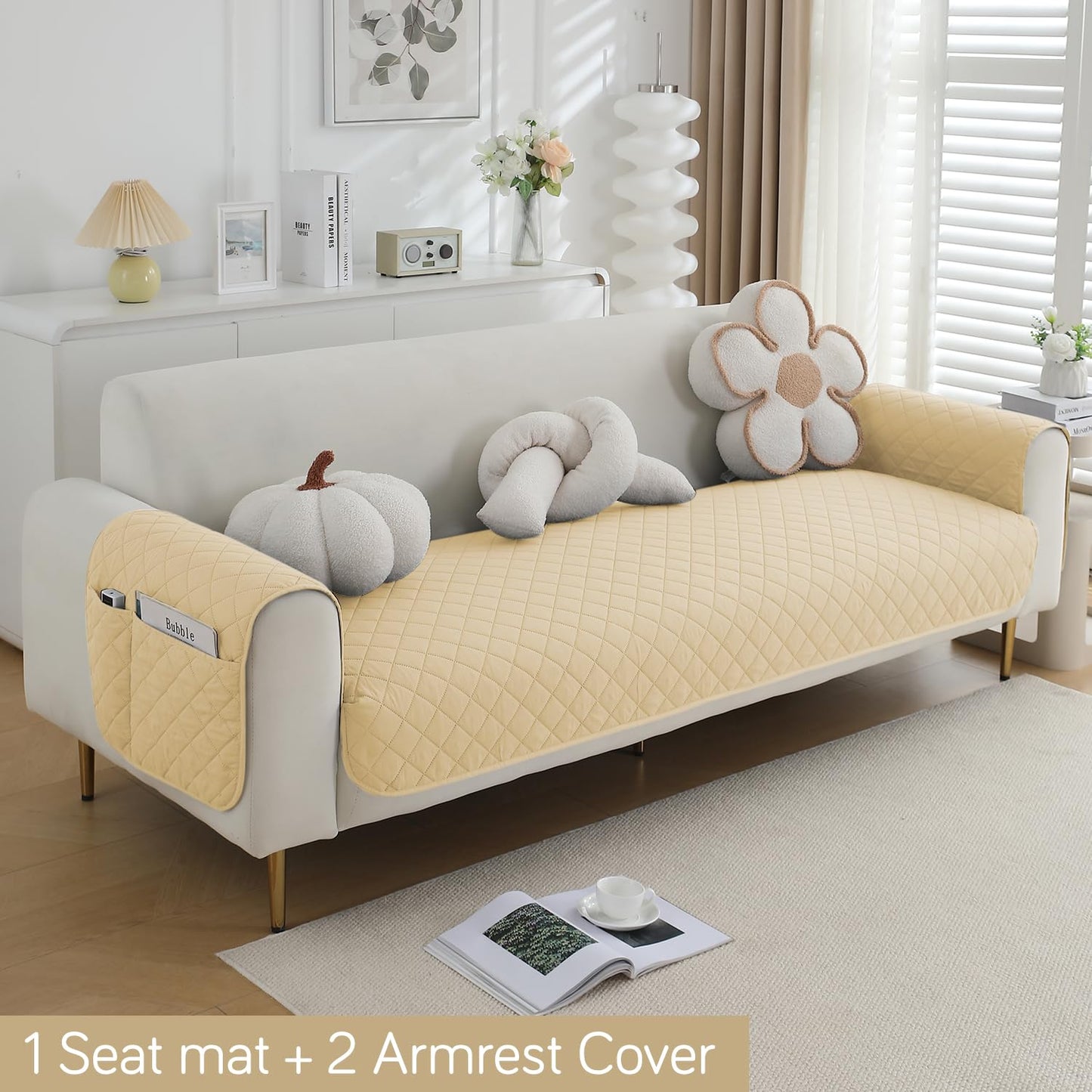 HOKIPO Quilted Waterproof Sofa Seat Mat with 2 Armrest Covers with Pockets, Beige