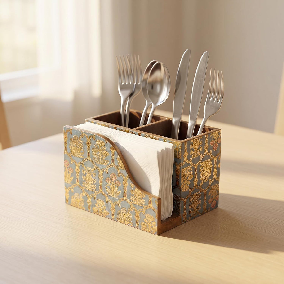 HOKIPO Cutlery Holder with Napkin Stand, Engineered Wood, Noir Chevron - image 15