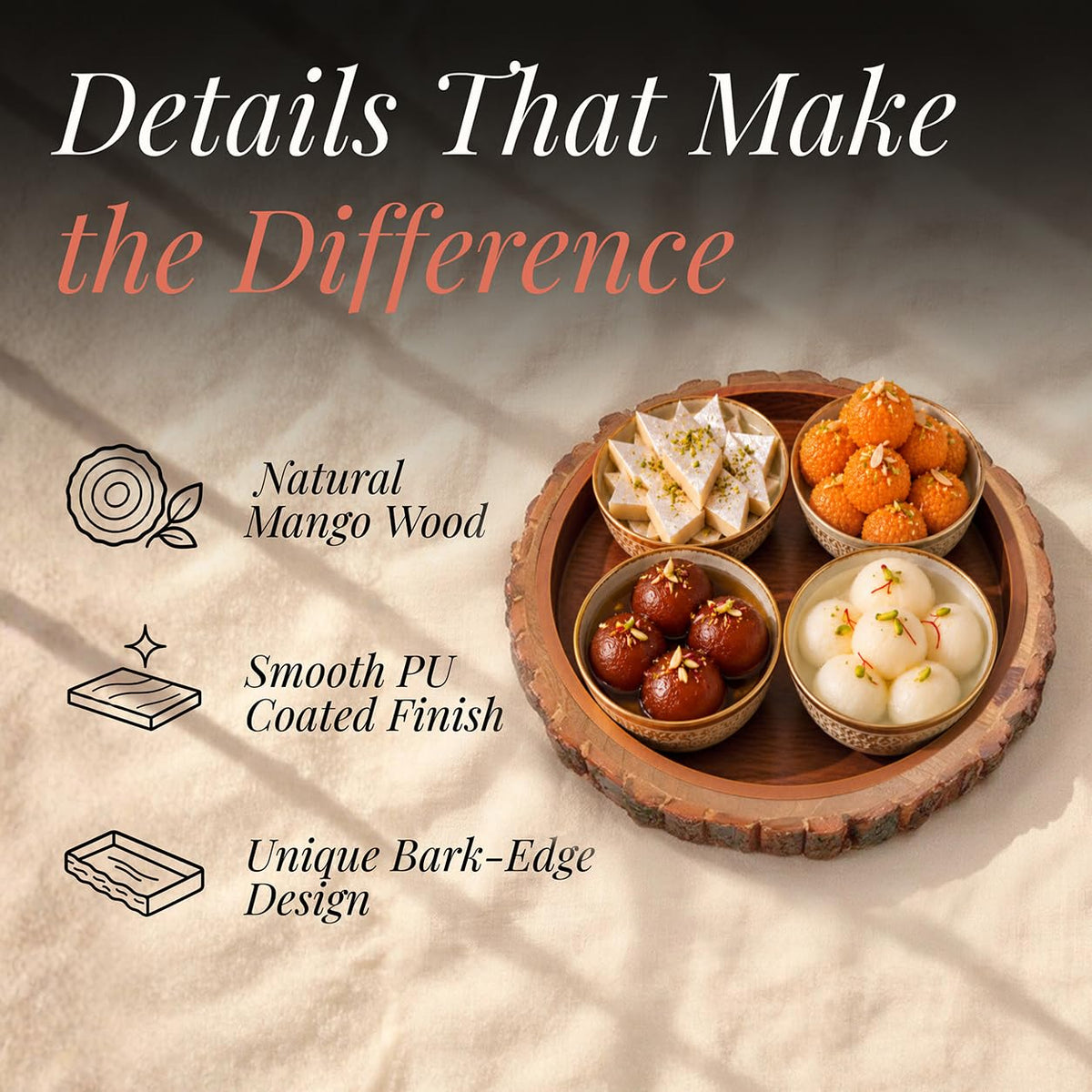 HOKIPO Arbor Mango Wood Round Serving Tray with Bark Edge, 32 cm - image 3