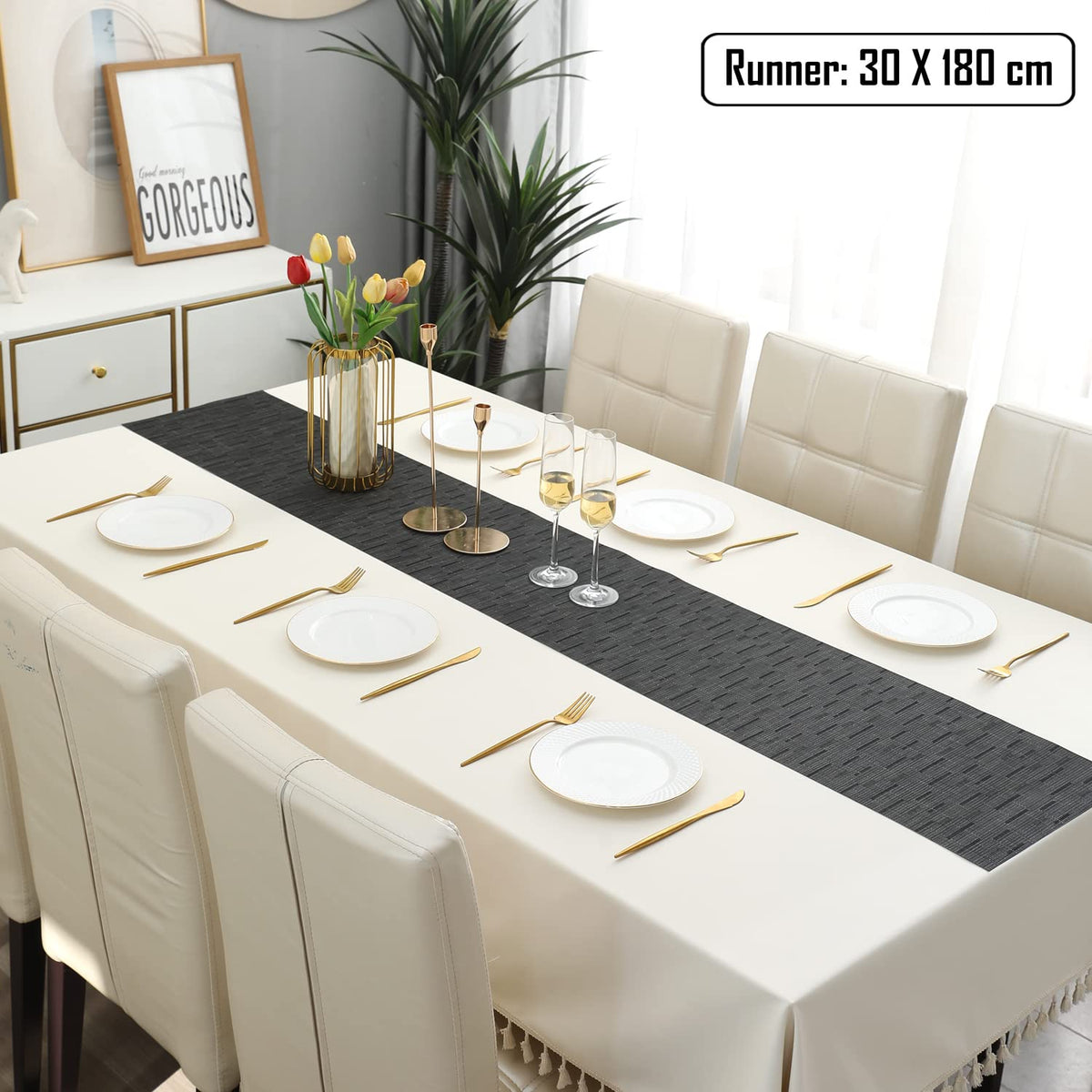 Buy Textured Black Colour PVC Table Runner for 6 Seater (30x180cm) | HOKIPO