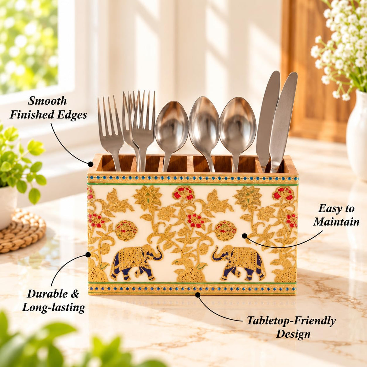 HOKIPO Cutlery Holder for Dining Table, Engineered Wood, Royal Gulistaan - image 7
