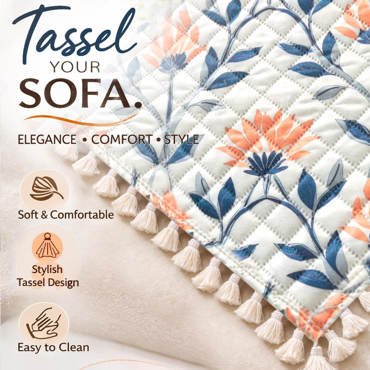 Quilted Sofa Seat Mat for 5-Seater Sofa (3+1+1), Tassel Twigs | Folk Garden
