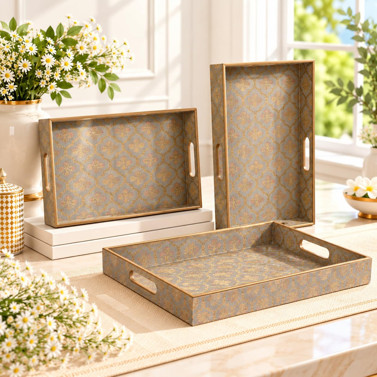 HOKIPO Serving Tray Set of 3, Engineered Wood, Gulabi Mayurvan - image 16