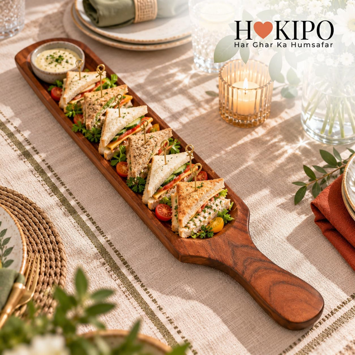 HOKIPO Arbor Acacia Wood Long Serving Platter with Handle, 46.5 x 8.5 cm - image 9
