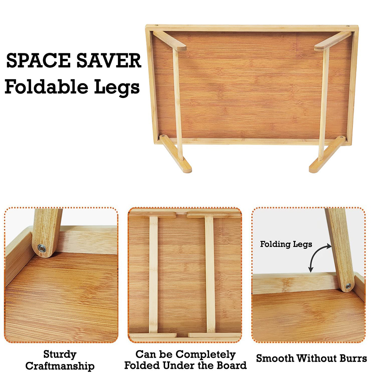 Wooden Breakfast Tray | Bed Tray Table For Food| Foldable Serving Tray For Snacks, Lunch Dinner, 50X30X23 cm