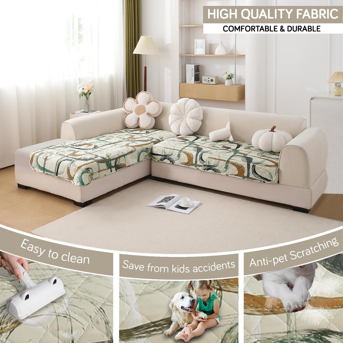 Waterproof Printed Quilted Quick Dry L Shape Sofa Seat Cover Mat, Parchement Beige Abstract Art