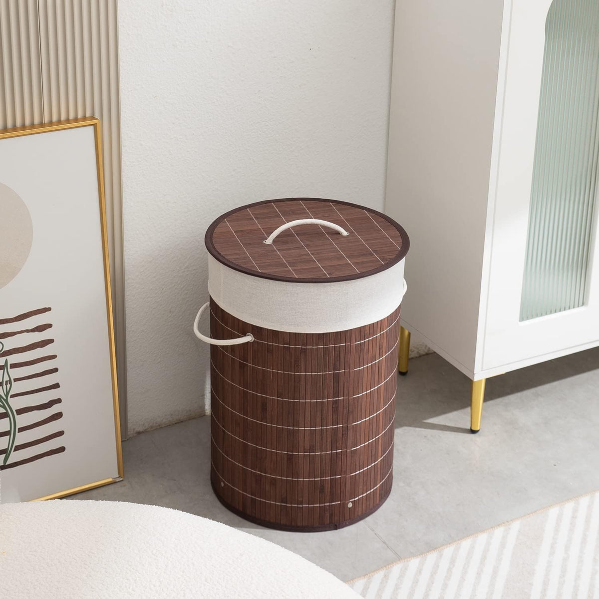 Eco-Friendly Foldable Bamboo Laundry Basket Hamper with Lid, Large - 57 Liter, Coffee Brown