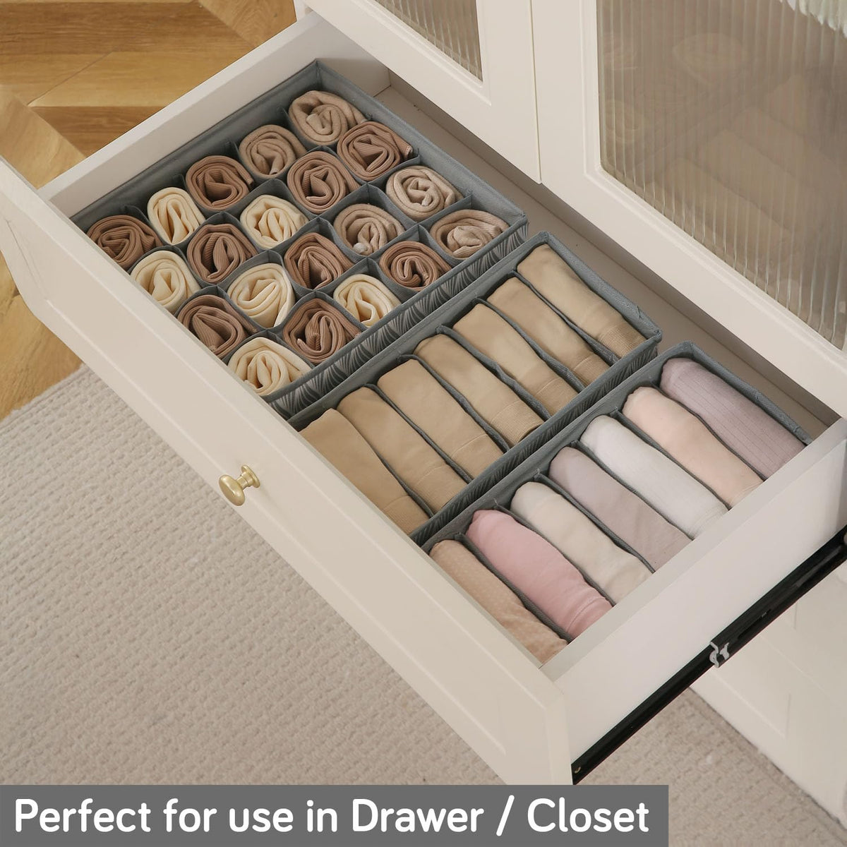 Lingerie Organizer for Women – Bra Organizer for Wardrobe & Drawers | Foldable Innerwear Organiser for Bras, Camisoles | Non-Woven Fabric, Grey leaves