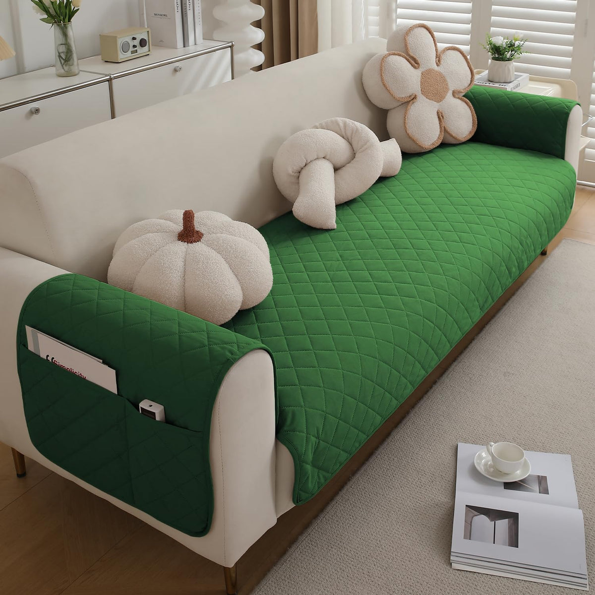 Quilted Waterproof Sofa Seat Mat for 1/2/3 Seater Sofa with 2 Armrest Covers with Pockets, Green