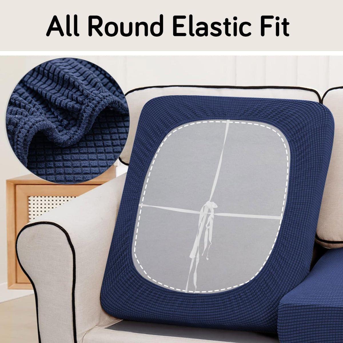 Stretchable Thick Jacquard Textured Seat Cushion Cover for 1/2/3 Seaters / Pieces for Sofa, Navy Blue