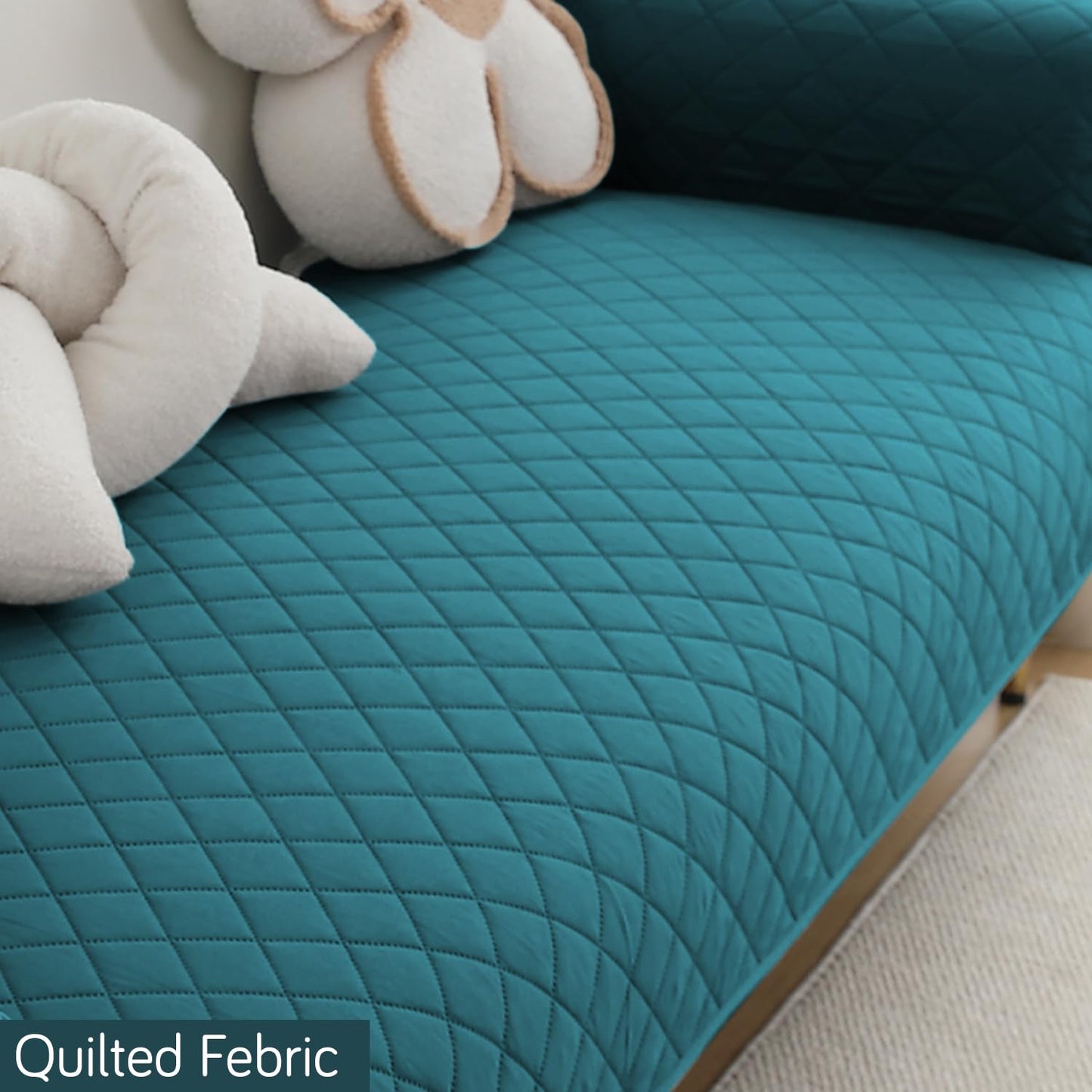 HOKIPO Quilted Waterproof Sofa Seat Mat with 2 Armrest Covers with Pockets, Peacock Blue