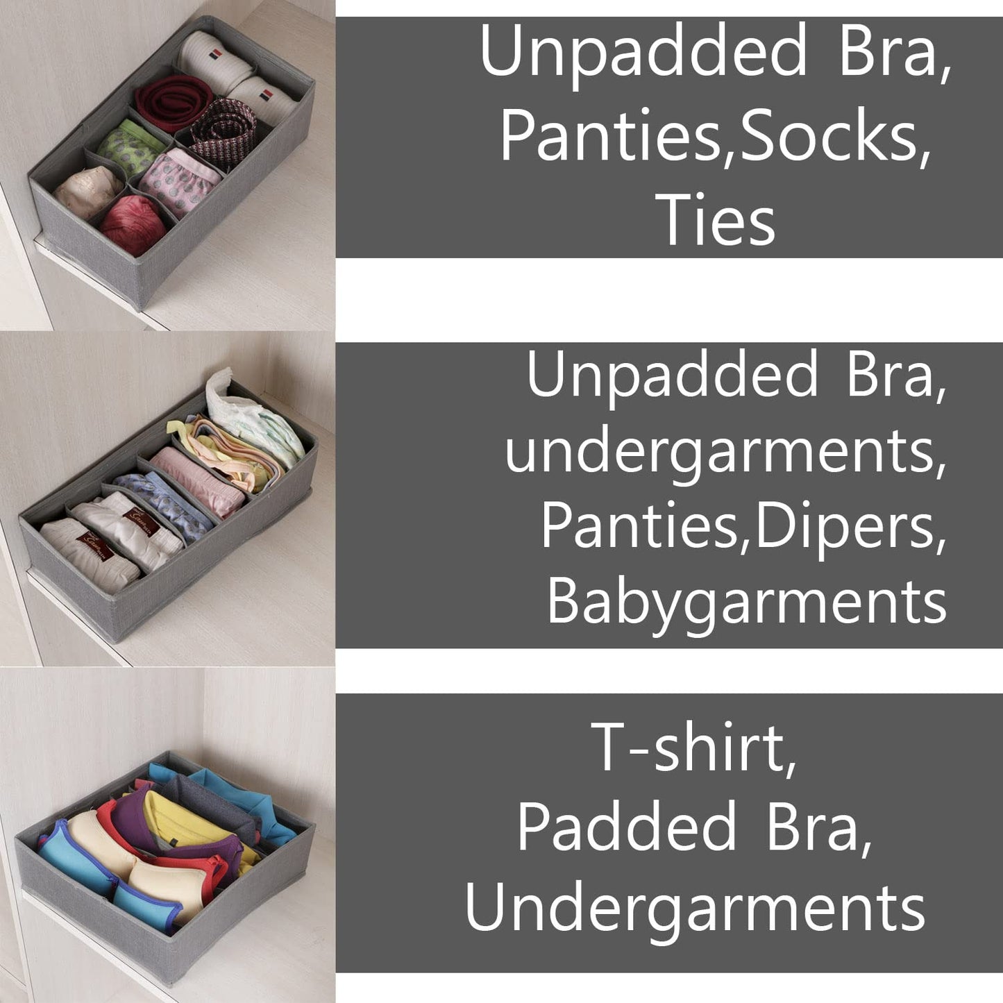 Non-Woven Fabric Undergarment Organizer Storage Box For Drawers Bra Panty Socks Tie Lingerie Organizer For Wardrobe, Grey