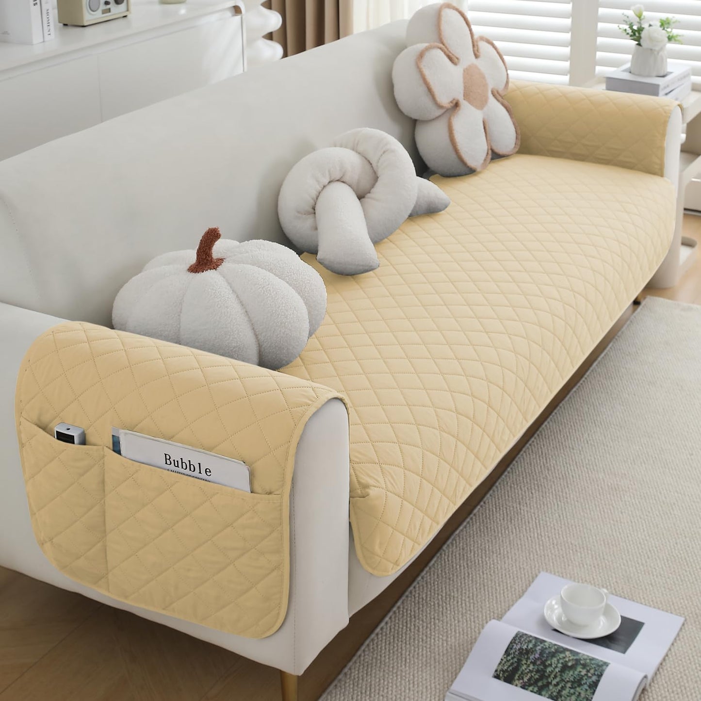 HOKIPO Quilted Waterproof Sofa Seat Mat with 2 Armrest Covers with Pockets, Beige