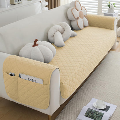 HOKIPO Quilted Waterproof Sofa Seat Mat with 2 Armrest Covers with Pockets, Beige