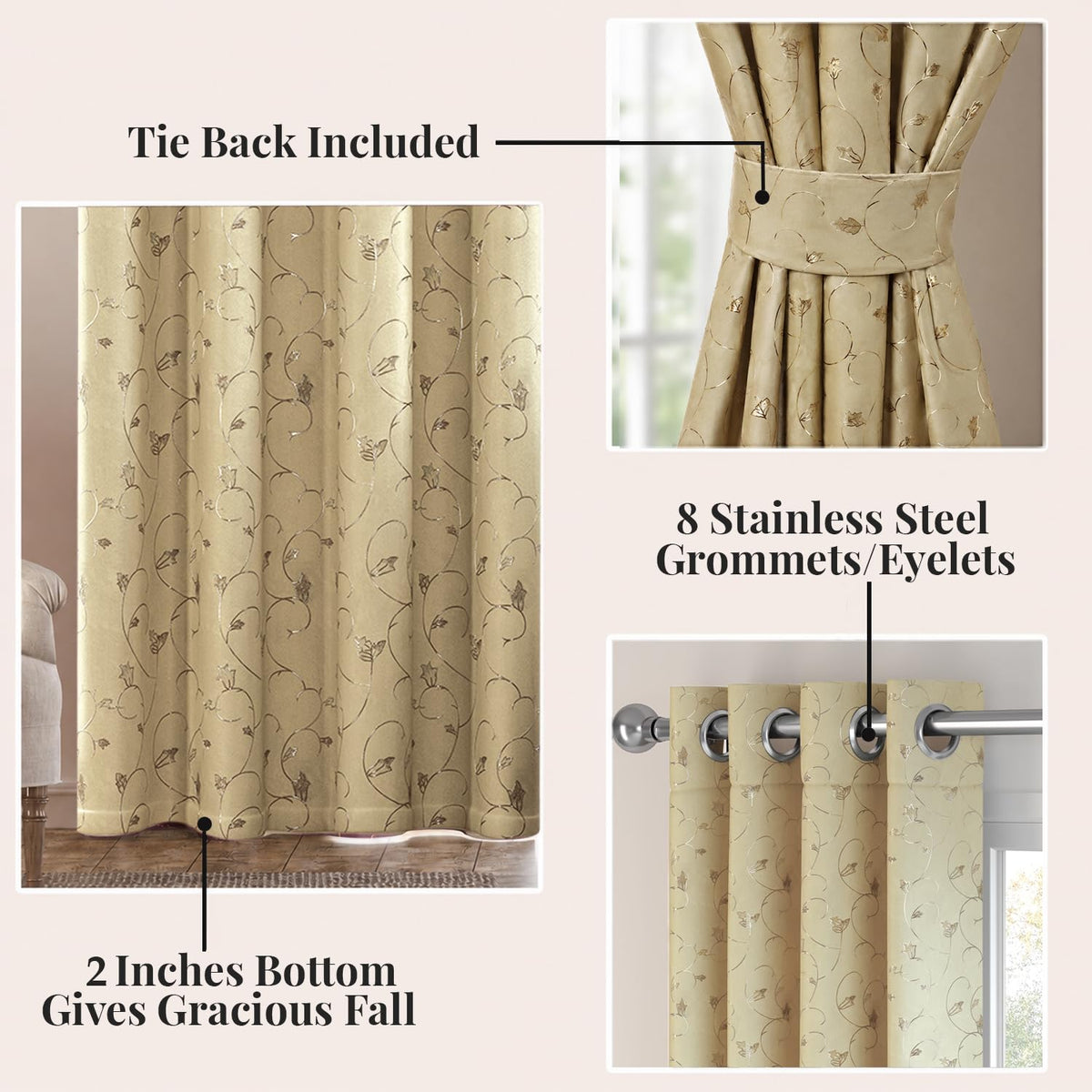HOKIPO Golden Vine Eyelet Curtains, 7 Feet Long - Almond Beige - image 3