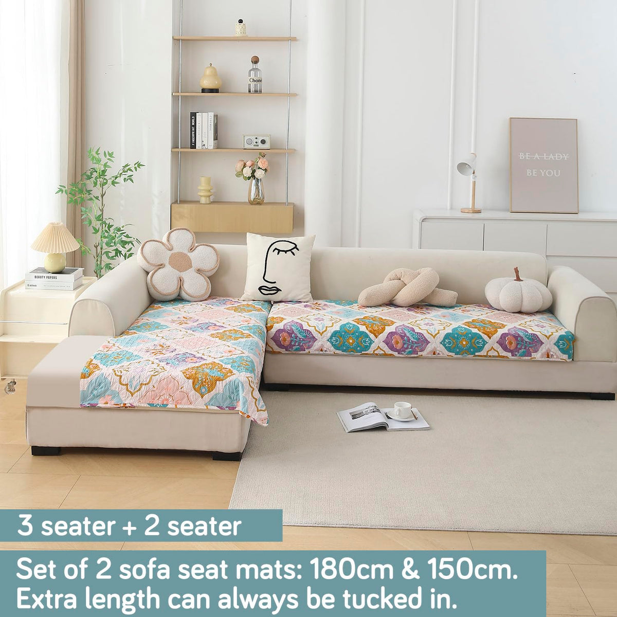 L Shape Sofa Cover Mat for 2+2/3+2/3+3 Seater, Quilted Printed Quatrefoil Multicolor