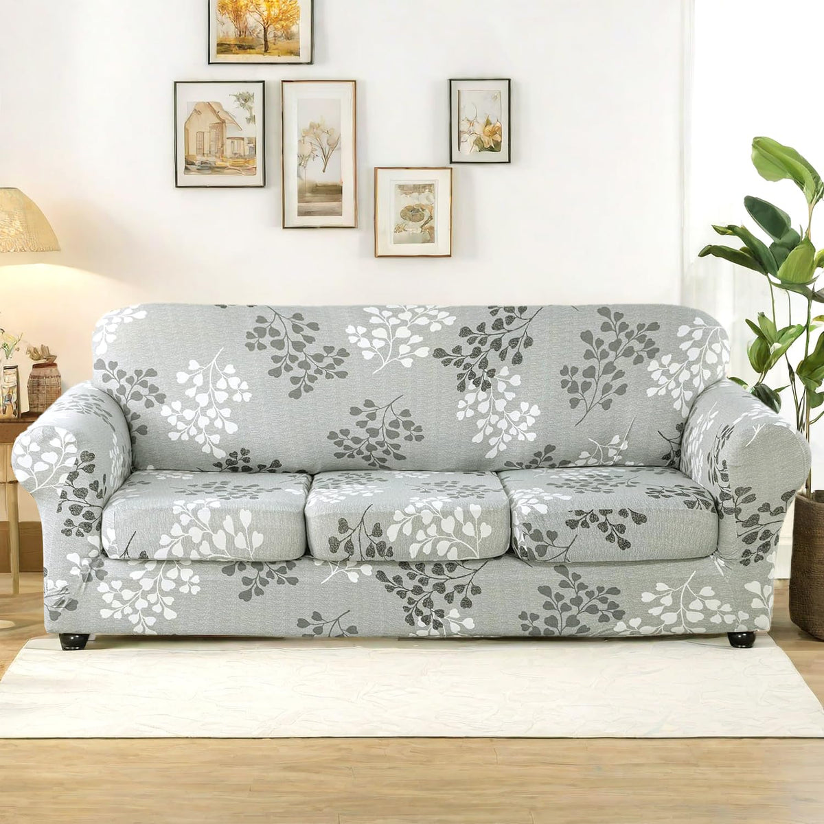 Printed Stretchable Sofa Slipcover with 1/2/3 Pc Separate Seat Cushion Cover for each 1/2/3 Seater, Grey Misty Branches