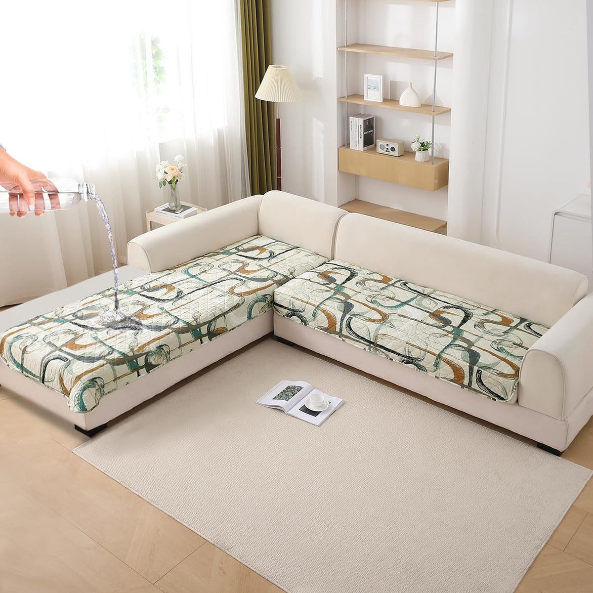 Waterproof Printed Quilted Quick Dry L Shape Sofa Seat Cover Mat, Parchement Beige Abstract Art