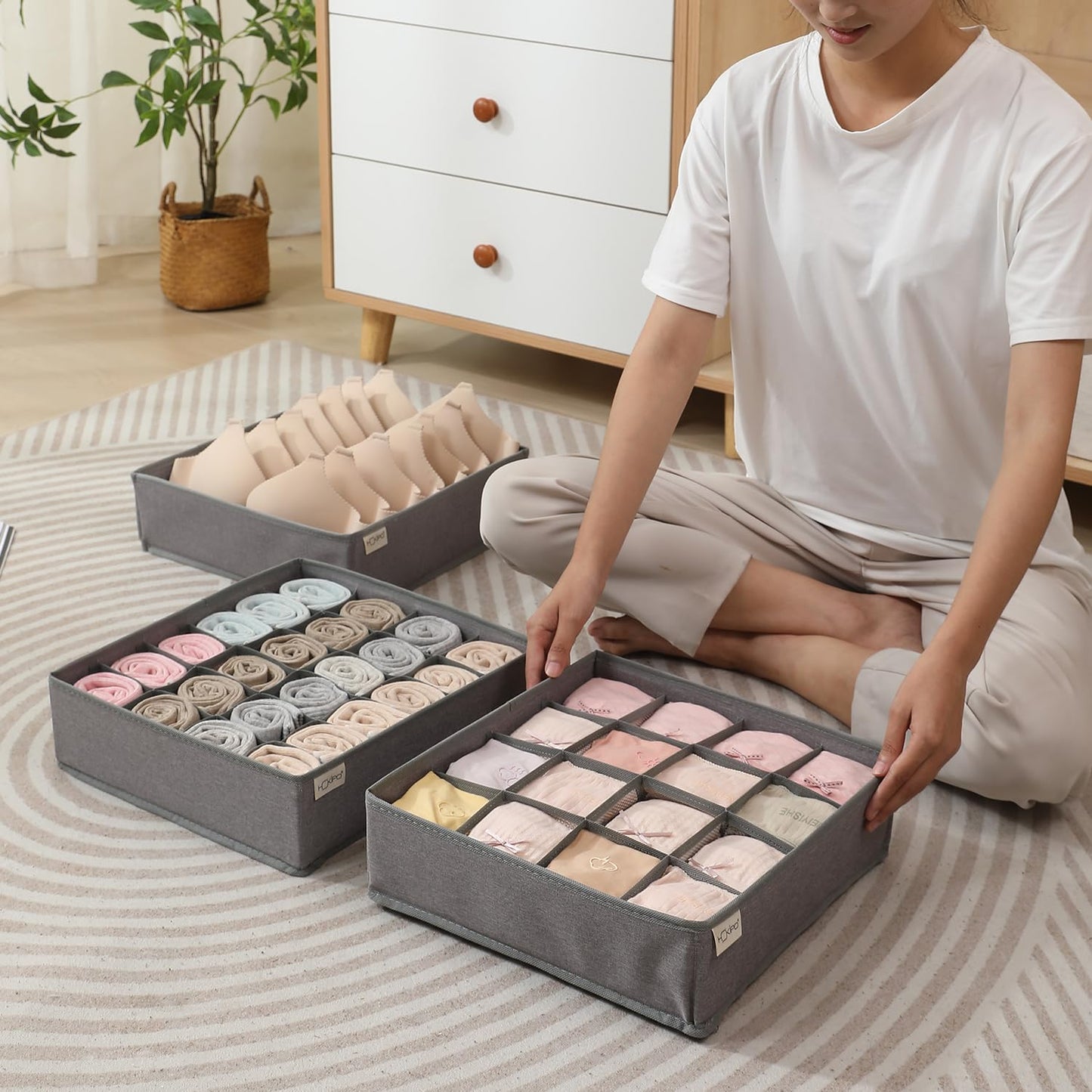 Undergarment Organizer Storage Box for Drawers Panty Socks Tie Lingerie Organizer for Wardrobe, 7/16/24 Grid, Grey