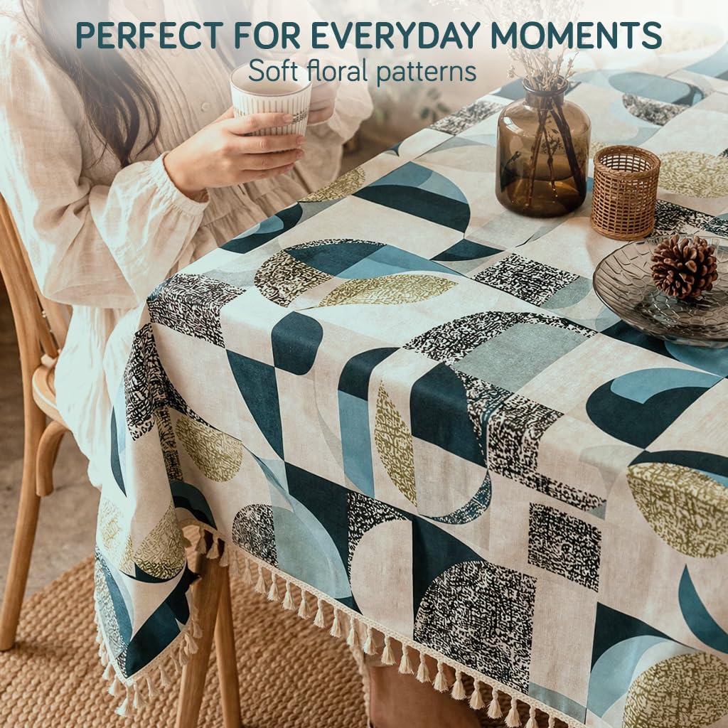 HOKIPO ShieldQuilt Table Cloth with Tassel Edge for 4/6 Seater, Aqua Geometry - image 7