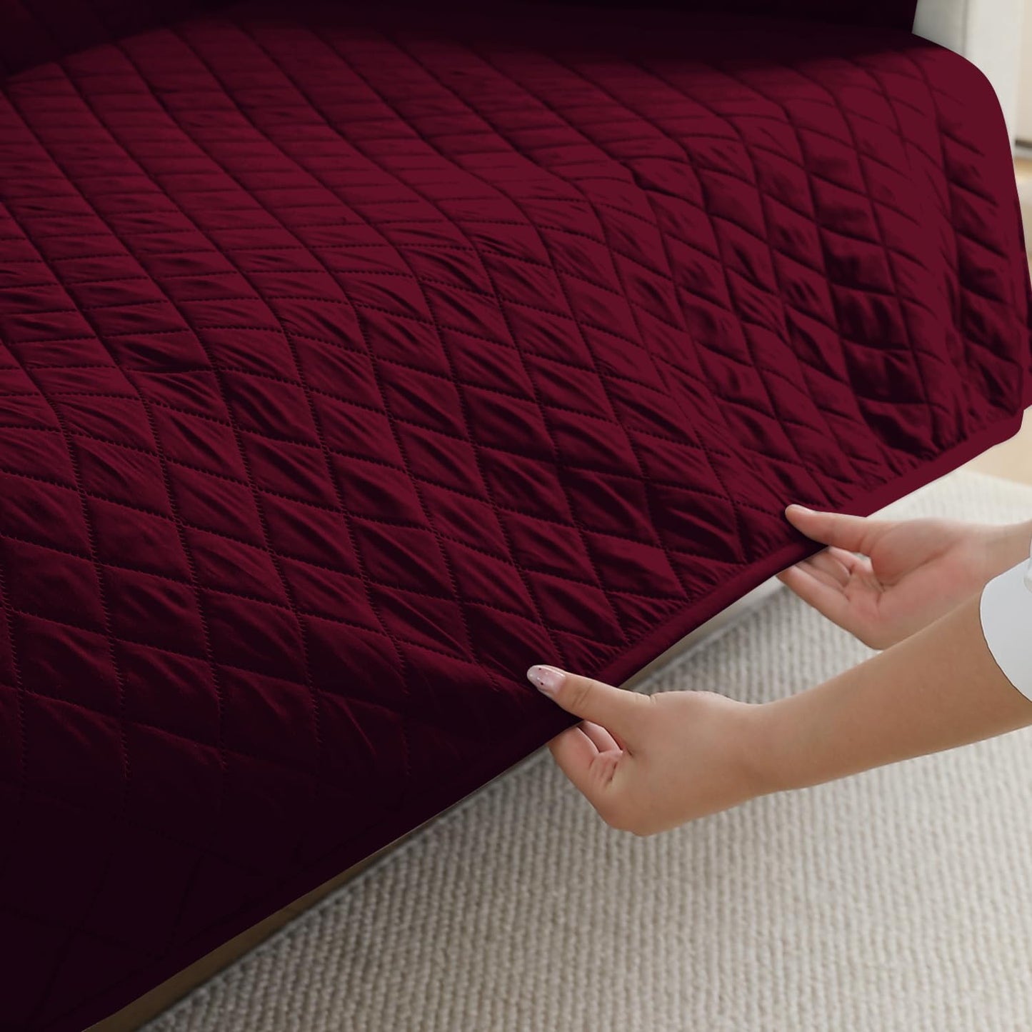 HOKIPO Waterproof Quilted Quick Dry L Shape Sofa Seat Cover Mat, Burgundy