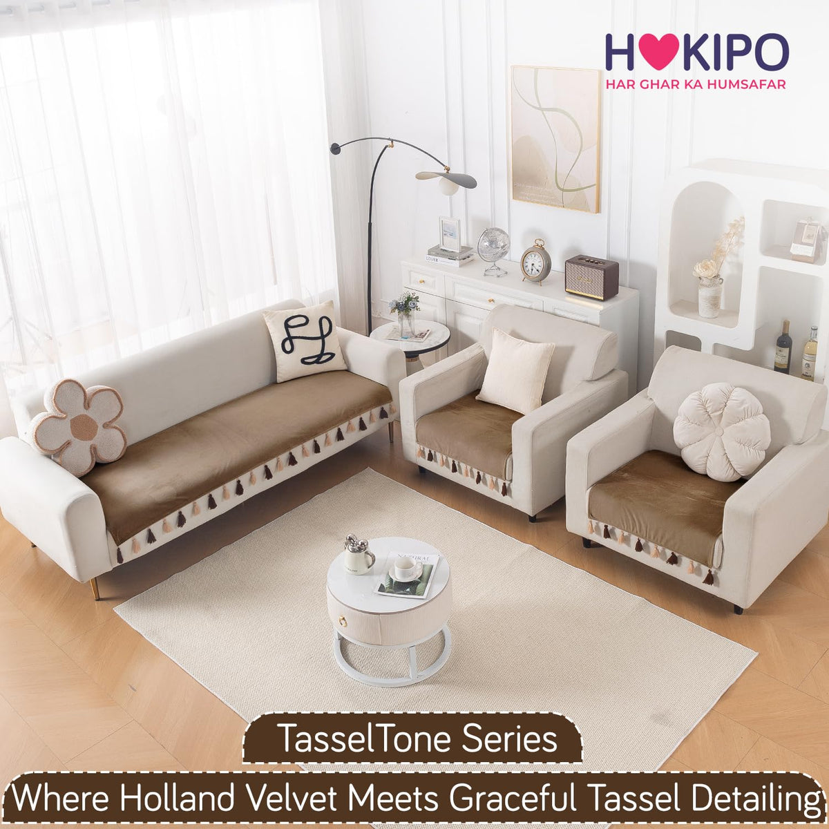 Premium Holland Velvet 5-Seater Sofa Cover (3+1+1), TasselTone Series | Warm Taupe