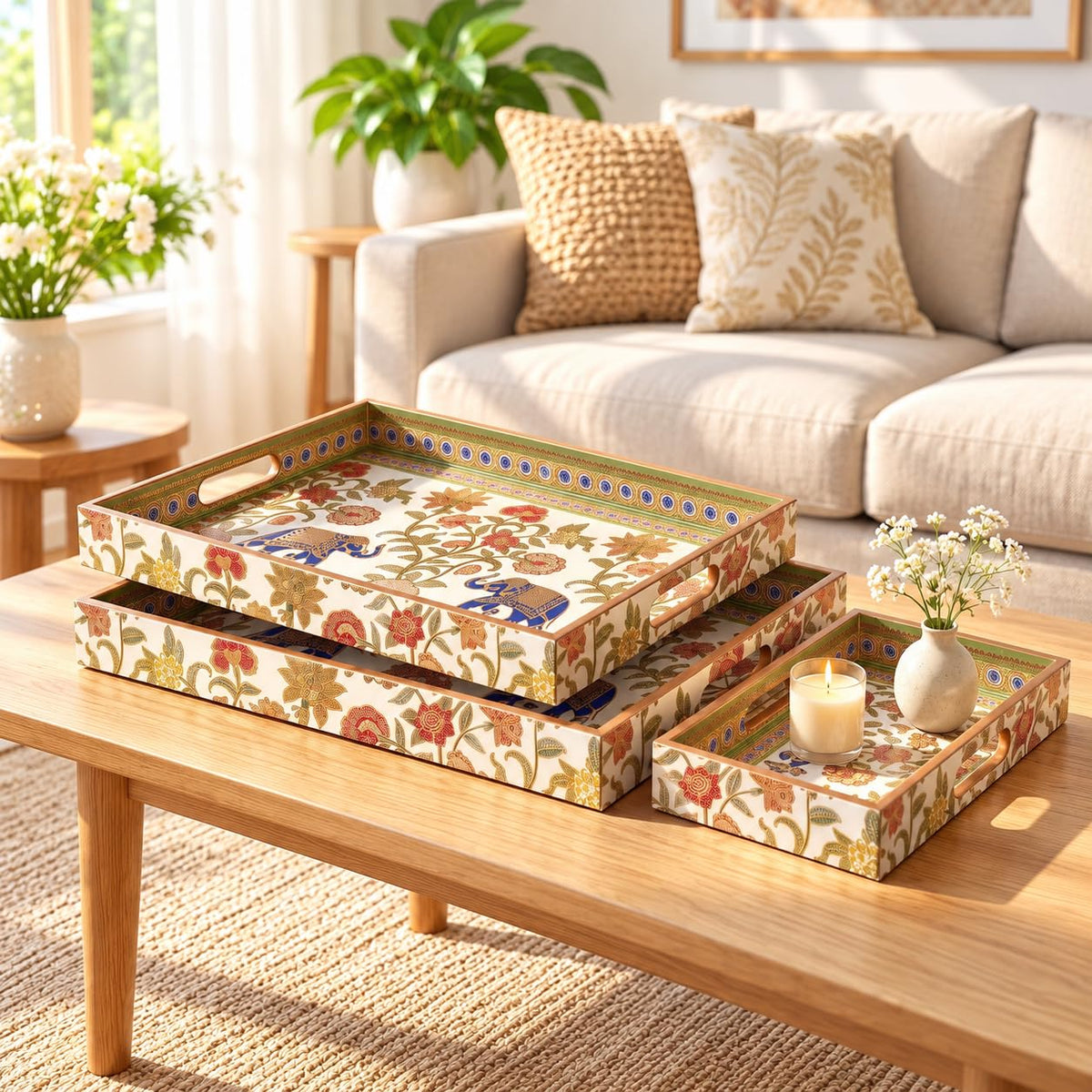 HOKIPO Serving Tray Set of 3, Engineered Wood, Royal Gulistaan - image 9