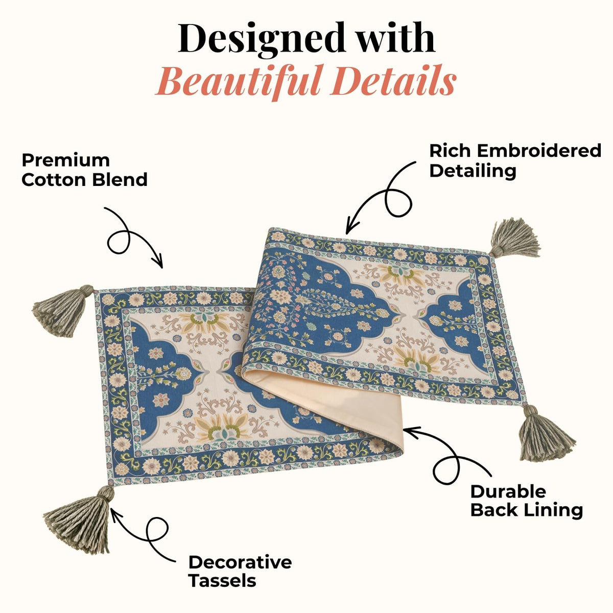 HOKIPO Heritage Pattern Printed & Embroidered Table Runner, Navy Blue - image 3
