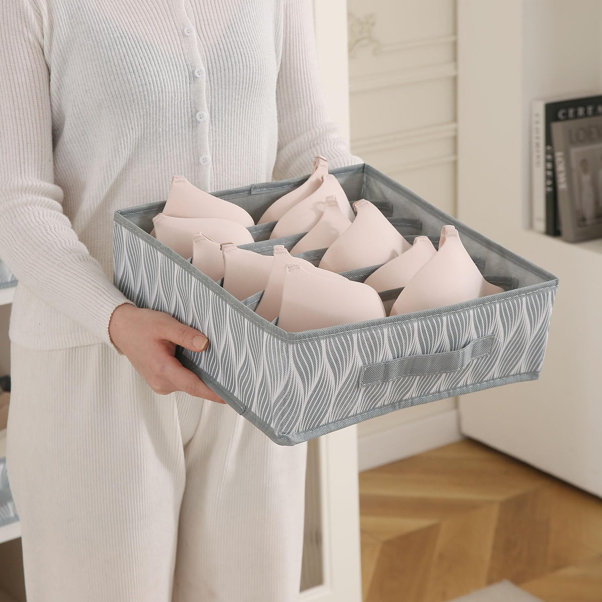 Lingerie Organizer for Women – Bra Organizer for Wardrobe & Drawers | Foldable Innerwear Organiser for Bras, Camisoles | Non-Woven Fabric, Grey leaves