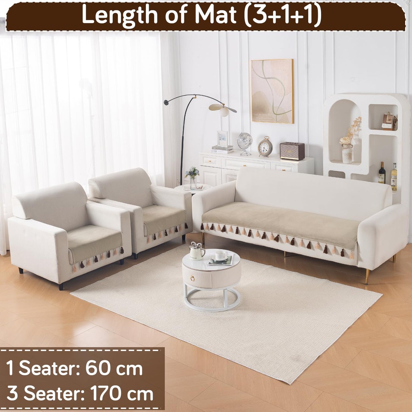 Premium Holland Velvet 5-Seater Sofa Cover (3+1+1), TasselTone Series | Sand Beige