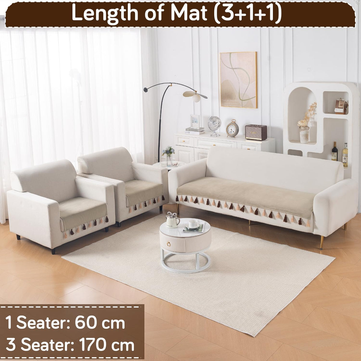 Premium Holland Velvet 5-Seater Sofa Cover (3+1+1), TasselTone Series | Sand Beige