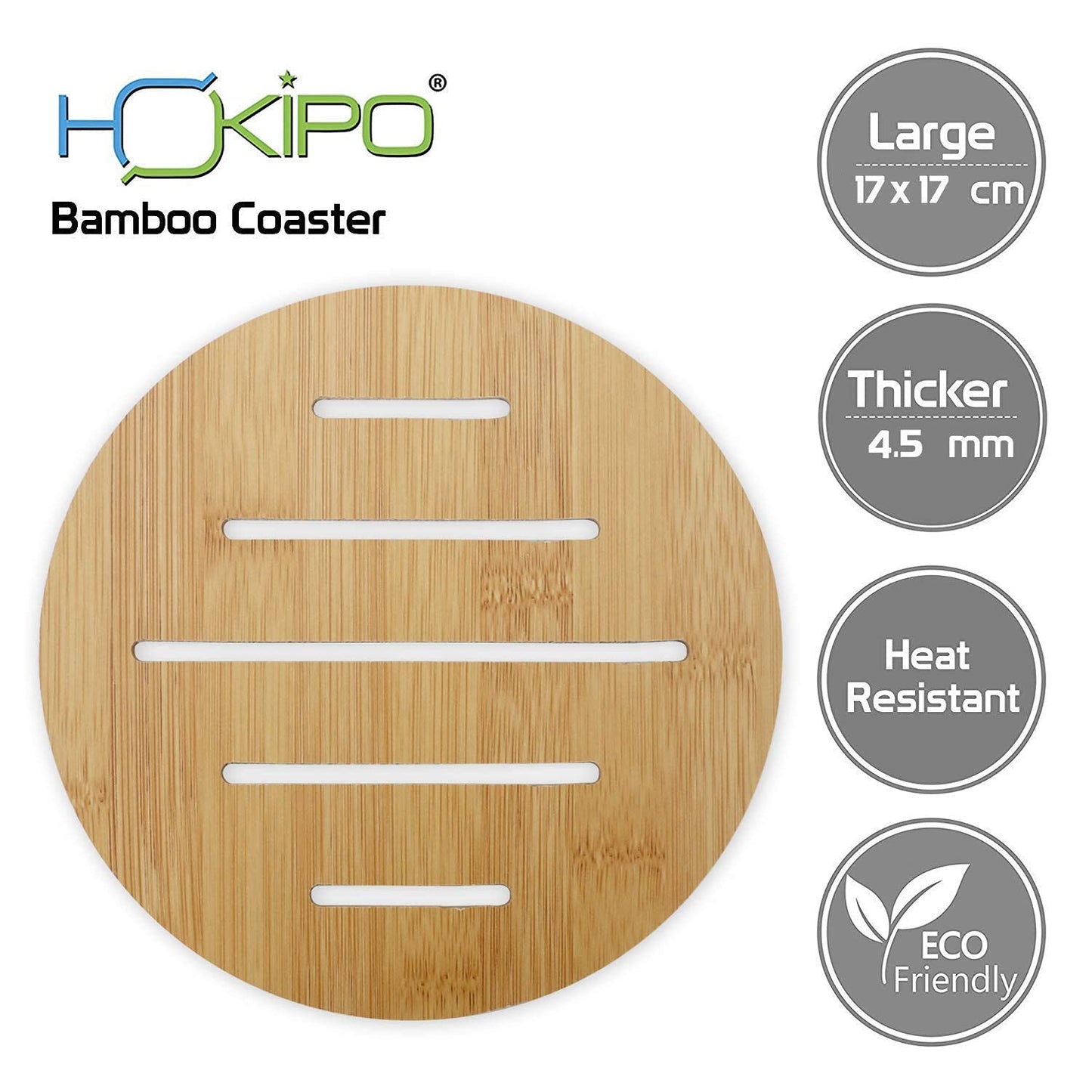 HOKIPO Eco-Friendly Extra Thick Bamboo Wooden Coasters for Dining Table Heat Pad for Kitchen - Pack of 2/4/6