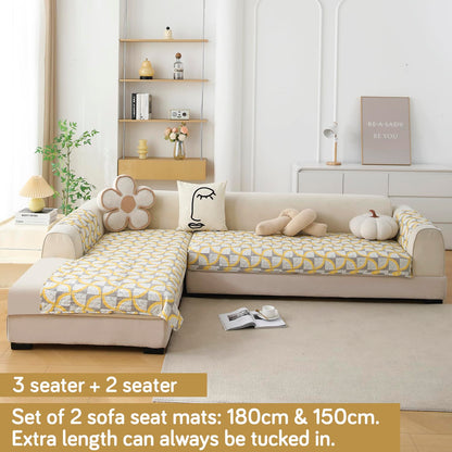 Quilted Printed L Shape Sofa Cover Mat for 2+2/3+2/3+3 Seater, Windmill Cyber Yellow