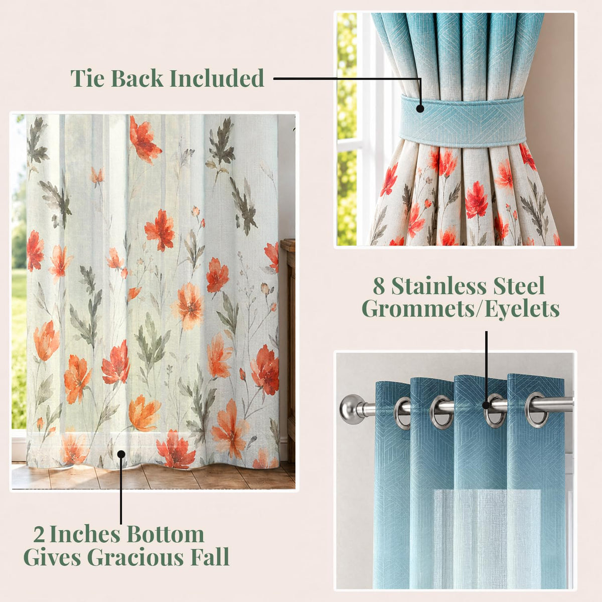 HOKIPO Petal Breeze Sheer Curtains, 7 Feet Long - Coral Drift - image 4