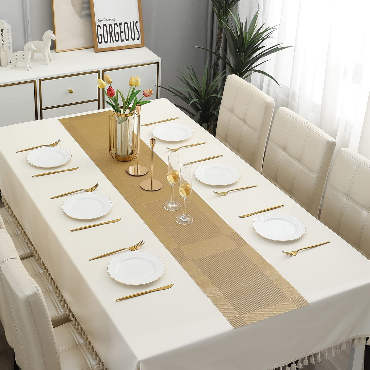 Buy Gold Colour PVC Dining Table Runner Mat | HOKIPO 