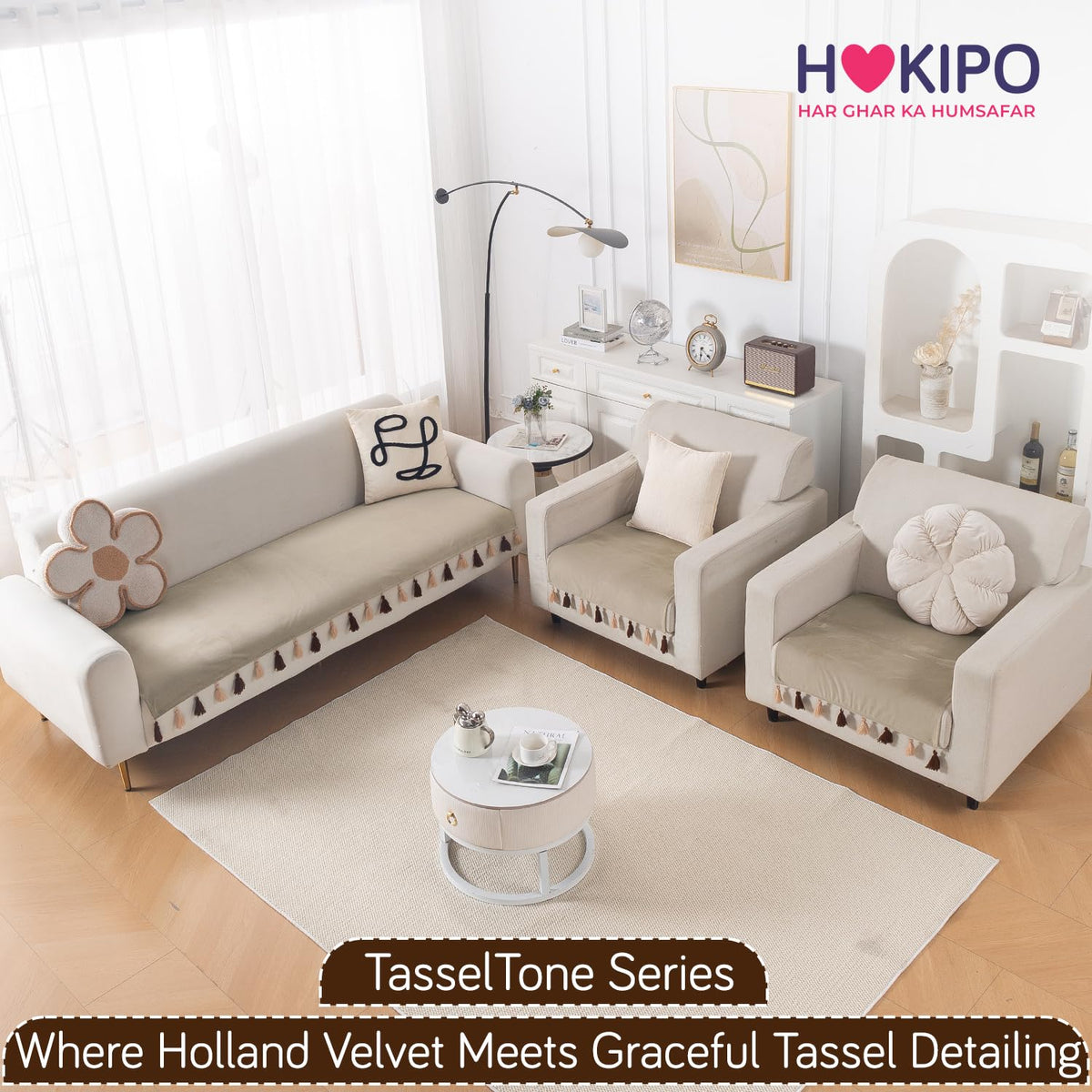 Premium Holland Velvet 5-Seater Sofa Cover (3+1+1), TasselTone Series | Sand Beige