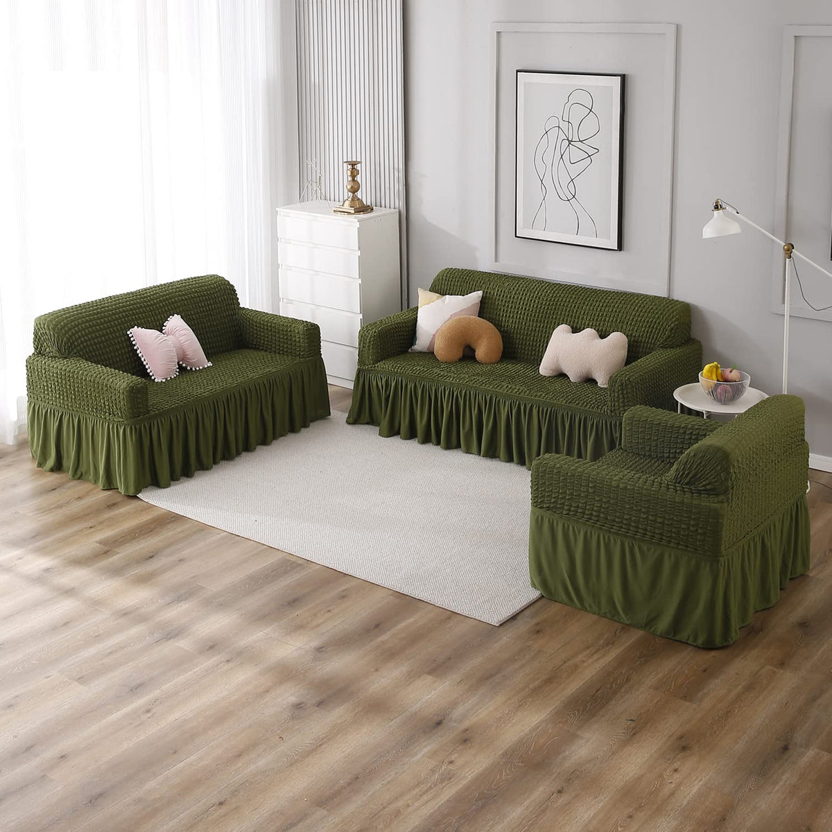 Forest Green Elastic stretchable Turkish bubble frill sofa cover set for 1, 2, 3, 4, 5, 6, & 7 Seater sofa