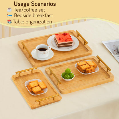 Natural Bamboo Finish Trays Set of 3 with Premium Handles