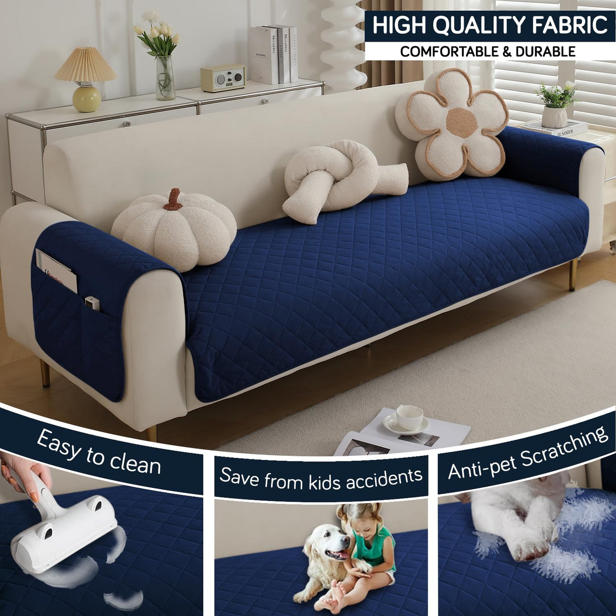 Quilted Waterproof Sofa Seat Mat for 1/2/3 Seater Sofa with 2 Armrest Covers with Pockets, Navy Blue