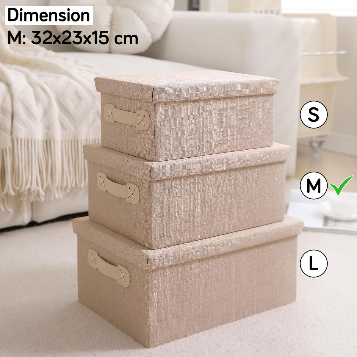 Organisers Storage Box with Lid, Beige, Pack of 2