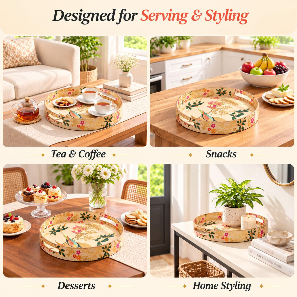HOKIPO Round Serving Tray 12 in, Engineered Wood, Sunhere Parinday - image 5