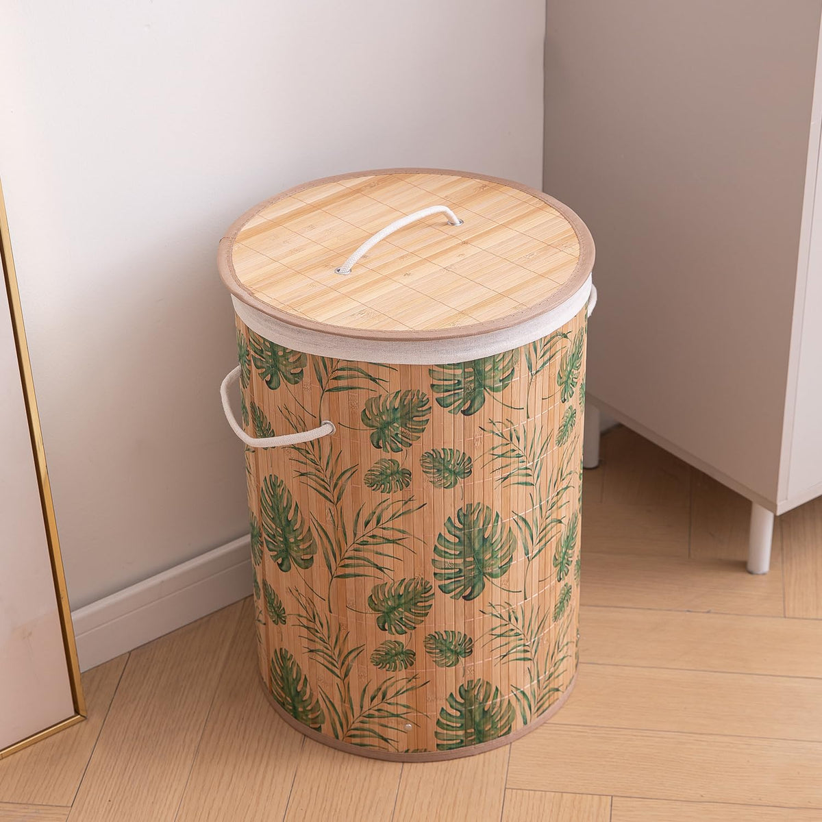 Eco-Friendly Foldable Bamboo Laundry Basket Hamper with Lid, Large, 61 Litre, Tropical Leaves