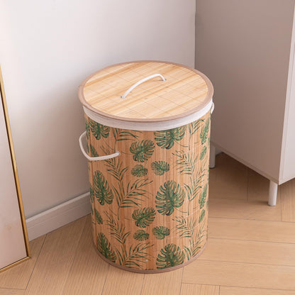 Eco-Friendly Foldable Bamboo Laundry Basket Hamper with Lid, Large, 61 Litre, Tropical Leaves