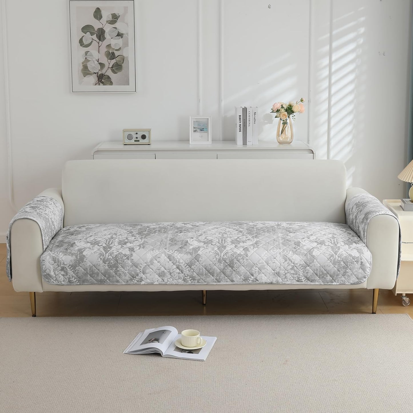 HOKIPO Quilted Waterproof Sofa Seat Mat with 2 Armrest Covers with Pockets, Motifs Cloud Grey