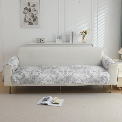 HOKIPO Quilted Waterproof Sofa Seat Mat with 2 Armrest Covers with Pockets, Motifs Cloud Grey