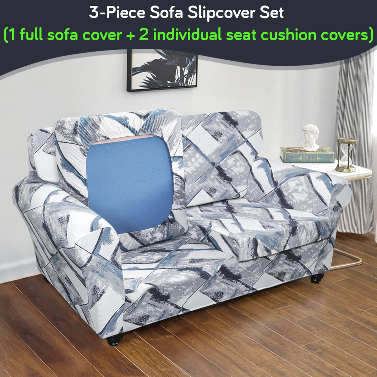 Printed Stretchable Sofa Slipcover with 1/2/3 Pc Separate Seat Cushion Cover for each 1/2/3 Seater, Graphite Glacier Grid